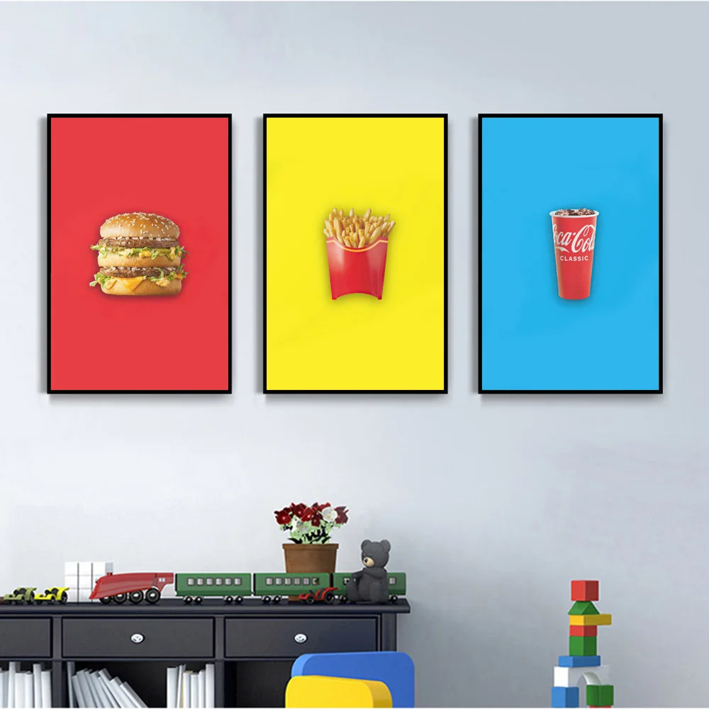 

Bright Color Home Decor Canvas Prints Burger Cola Chips Leisure Pop Art Posters Fast Food Wall Painting For Living Room