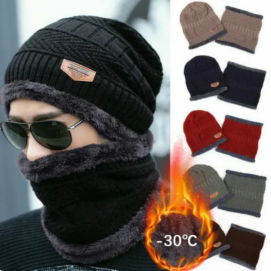 

Men Winter Beanie Hat Fleece Scarf Outdoor Beanie Wool Neck Scarf Cap Women Knitted Hat Warm Cap Balaclava Mask Bonnet Hats Set