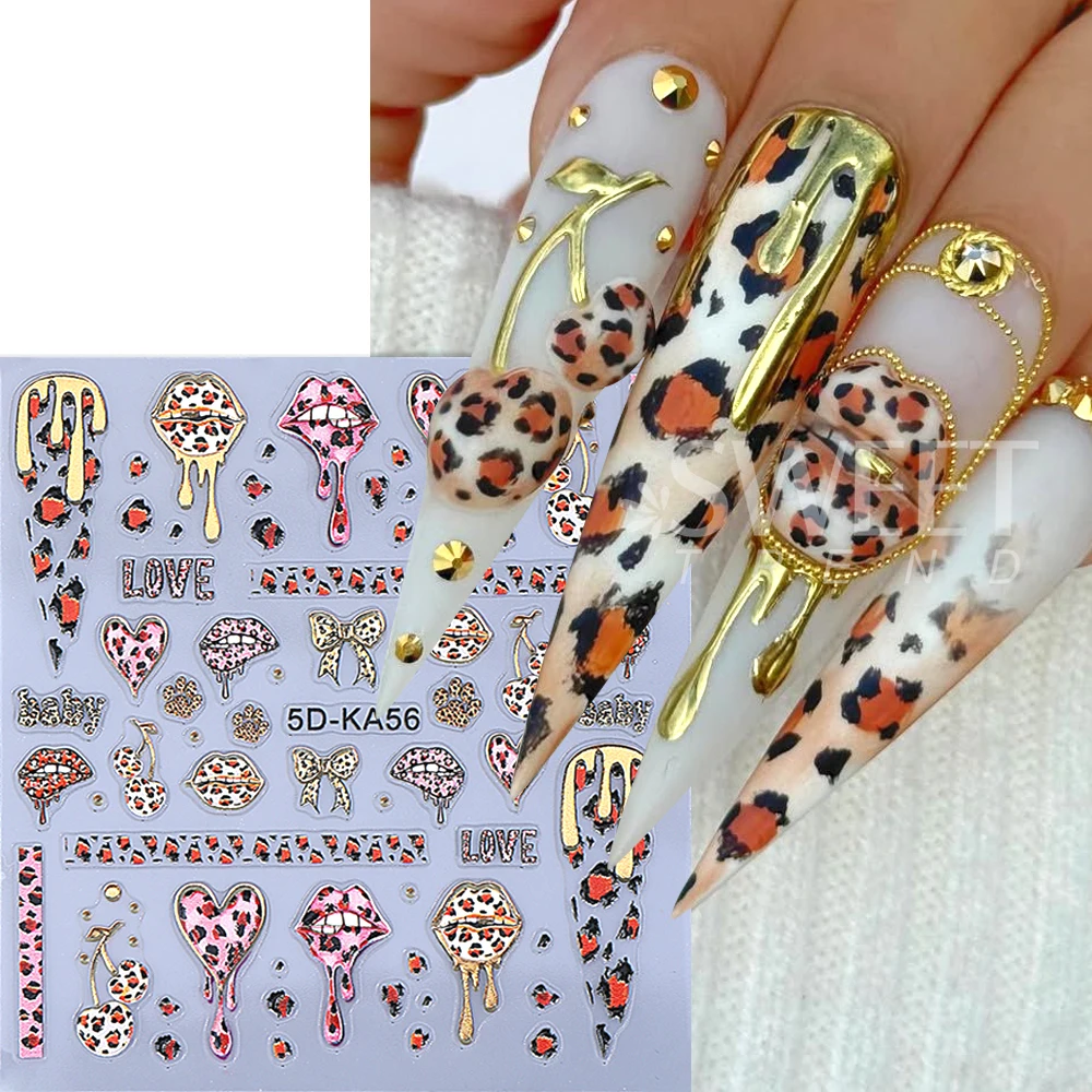 5D Love Heart Lips Nail Art Stickers Self-Adhesive Leopard Print Nail Decals Valentine's Day Manicure Decorations Nail Supplies