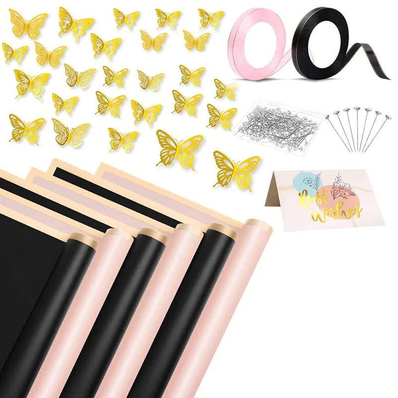 

Оберточная бумага для цветов, 40 листов, водонепроницаемая оберточная бумага для букета цветов, листы с золотым краем и лентами, цветочные булавки