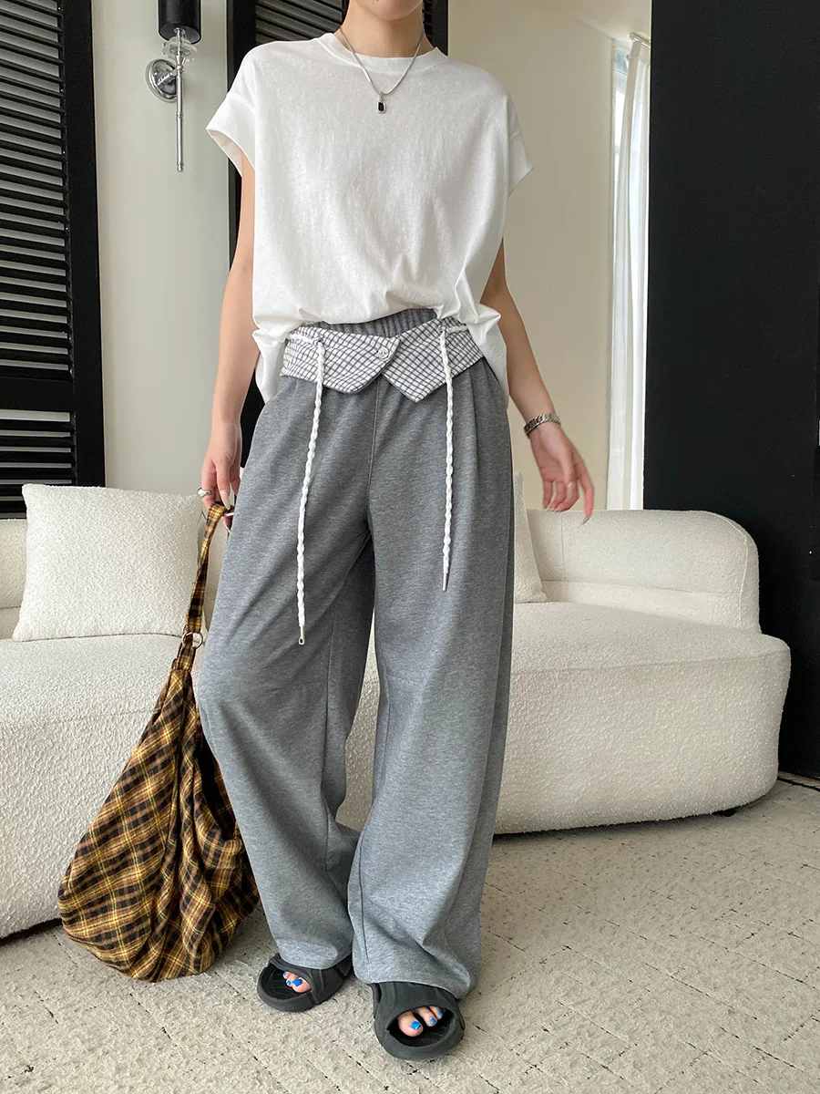 Frühlings- und Sommerhosen für Damen, lässig, einfarbig, abnehmbarer karierter Bund, elastische hohe Taille, schlank machende, weit geschnittene Hose mit geschwungenem Saum. – Detail 22