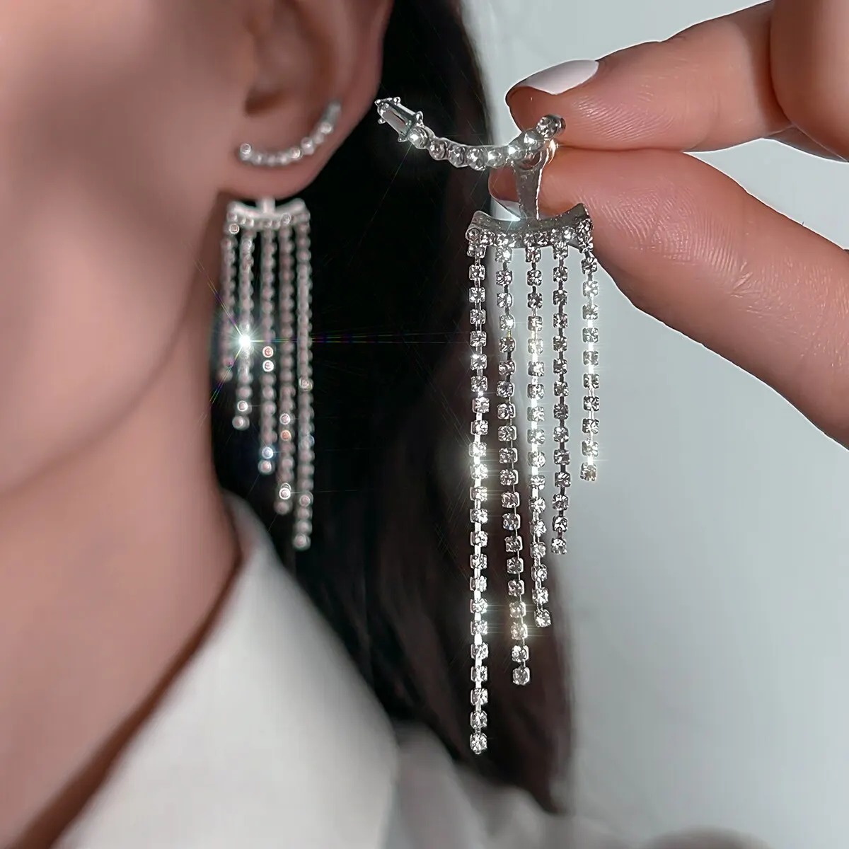 Korean Full Rhinestone Long Tassel Drop Earrings for Women Exquisite Luxury Zircon Crystal Earrings Female Jewelry