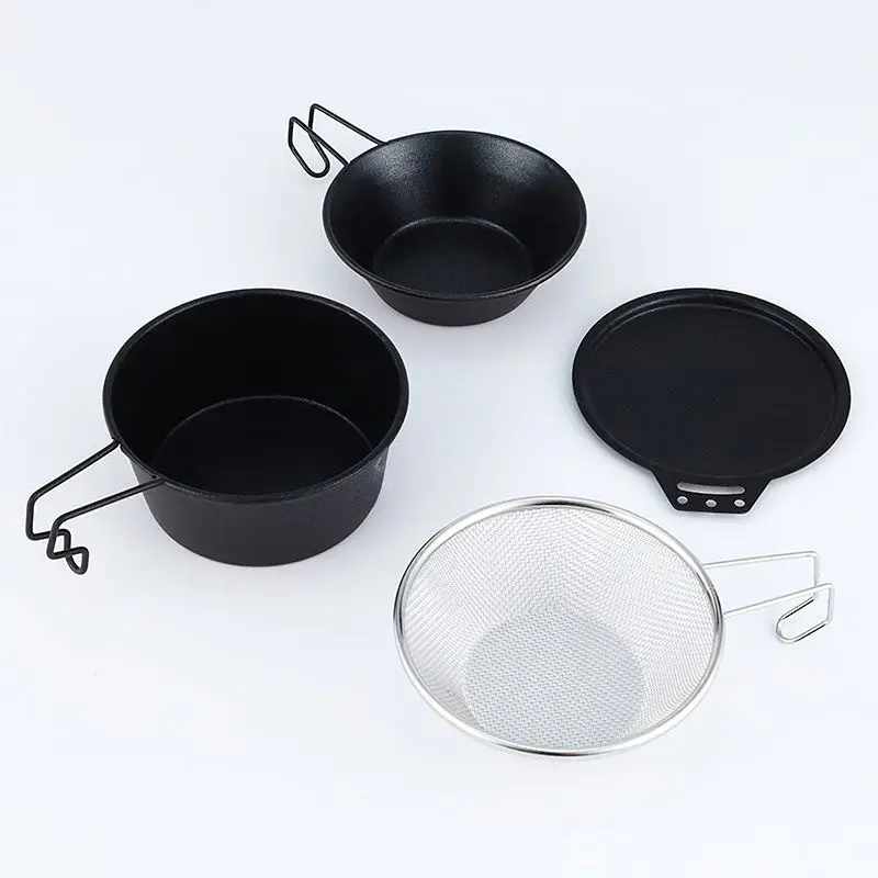 

4pcs Stainless Steel Outdoor Picnic Cooker Tableware Plate Bowl strainer Cooking Portable Pots and bowls Camping Tableware set