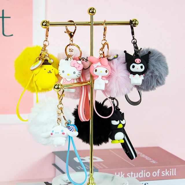 Hello Kitty Cute Sanrio Kuromi Penguin Frog Dog Cat Keychains with Fluffy Rabbit Fur Ball Women Girl Bag Pendant Keyring Gifts 5