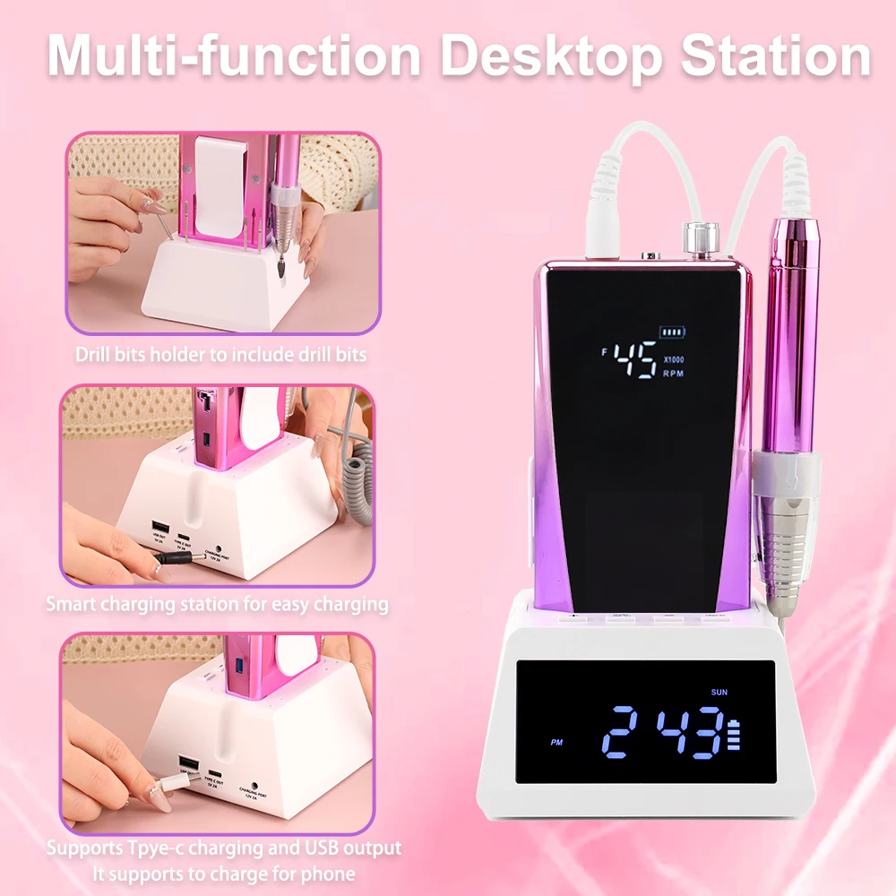 45000RPM Gradient Purple Rechargeable Nail Drill Portable Cordless Electric Nail Drill Machine  Manicure 85w with Desktop Clock 4