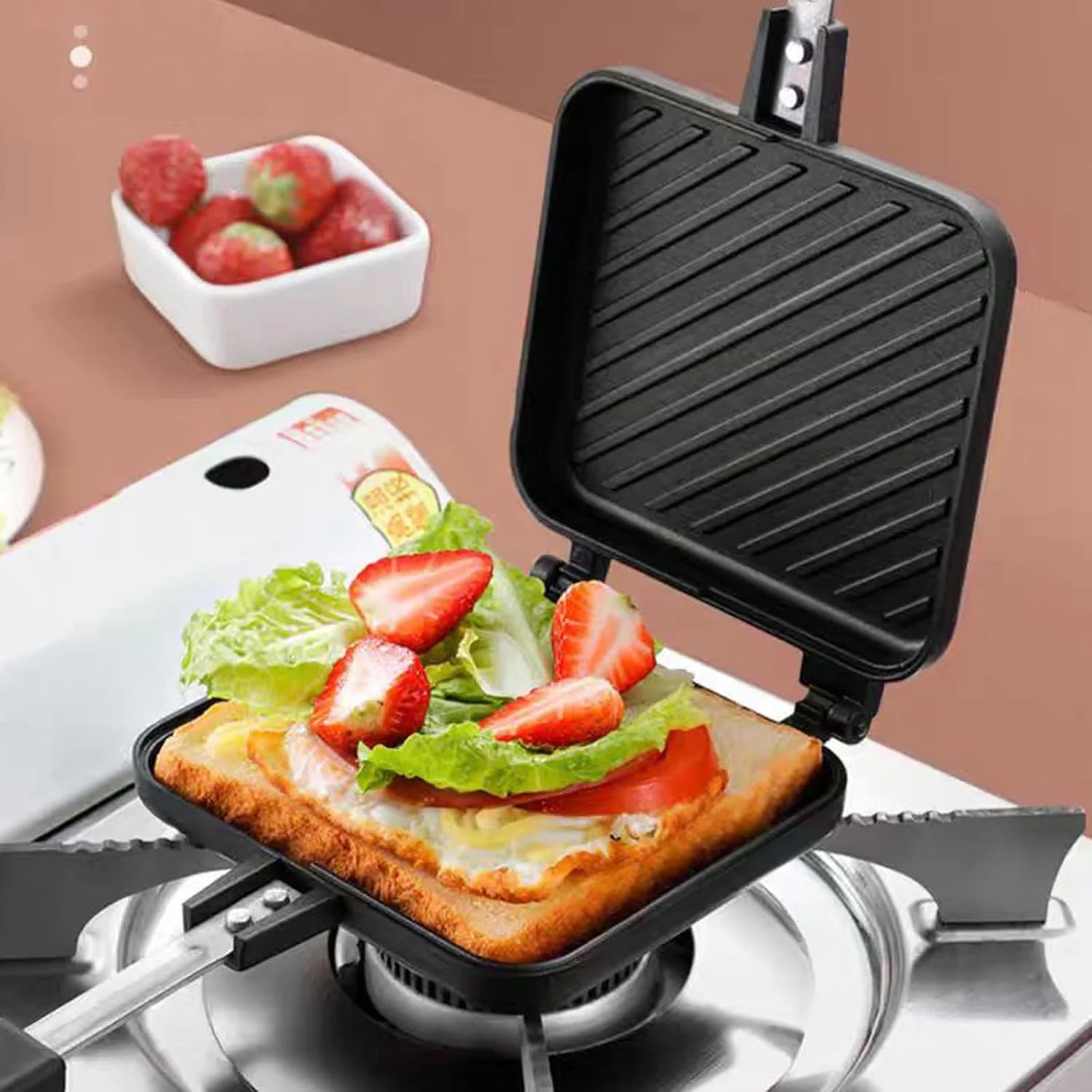 Sandwich Maker, Grilled Panini Maker Pan with Non-Stick Plates, Stovetop Toasted Sandwich Maker Press Aluminum Flip Cheese