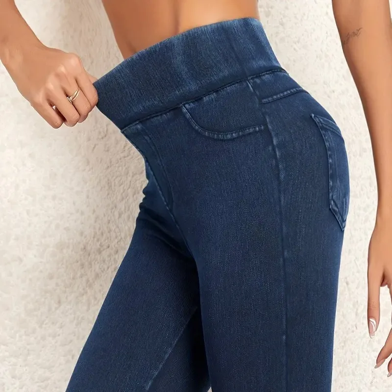 Women's Faux Denim Yoga Leggings Fitness Stretch Leggings High Waisted Fashionable Skinny Tights Gym Workout Running Pants 4