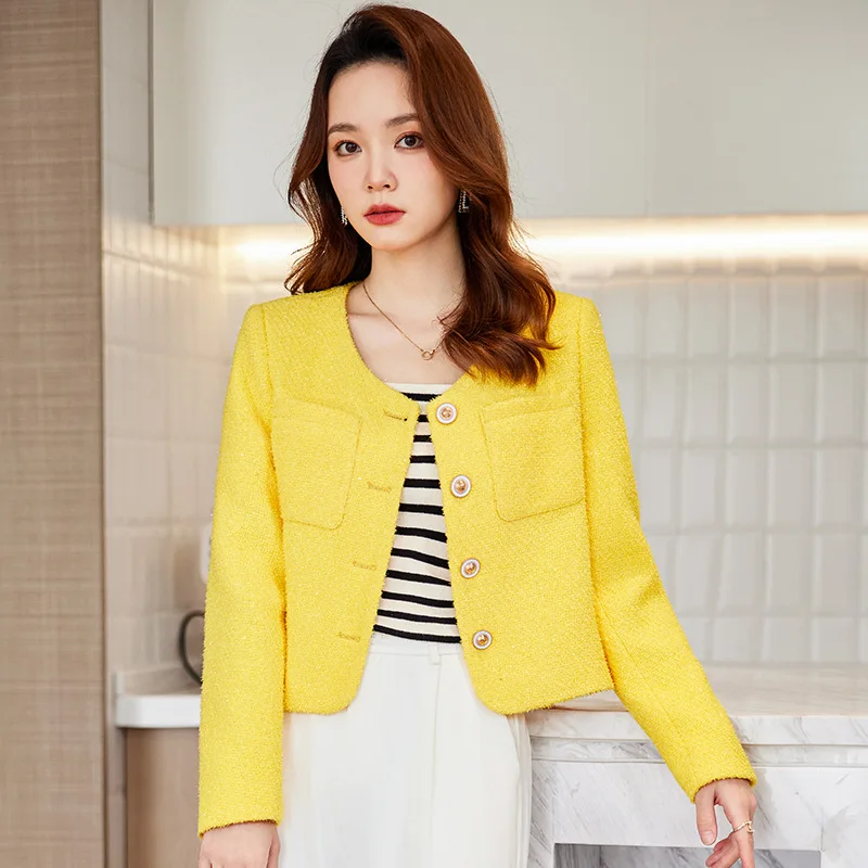 High quality blazer for women short jacket wool blend single breasted new spring 2024 elegant fashion clothes - black yellow