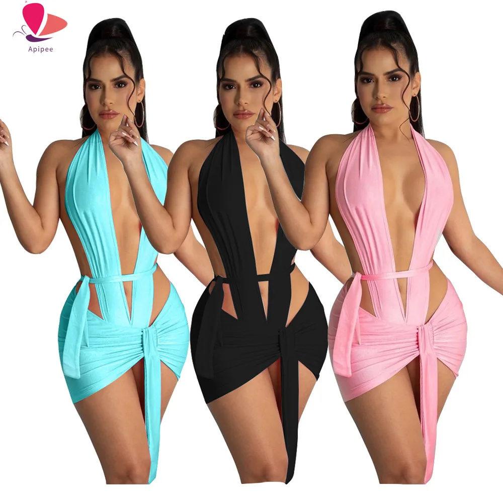 

Women Summer Solid Sexy Casual Matching Suits Women Sleeveless Halter Low Cut Party Bodysuit+Skirts 2 Piece Sets 2023 New