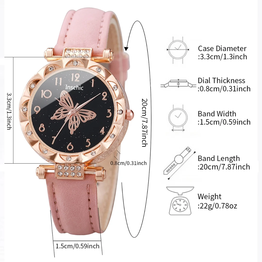 5pcs/set Women's Fashion Watch Set Butterfly Dial Pink Watch Casual Exquisite Watch with Butterfly Bracelet Necklace Earring Set
