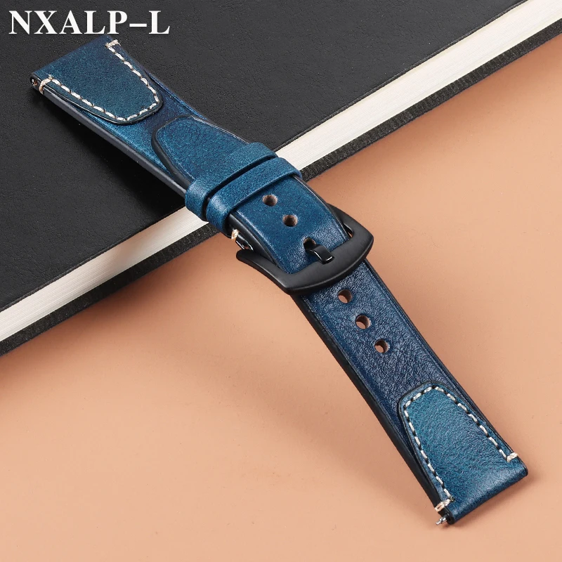 Vintage Genuine Leather Watch Band with Stitching - Retro Cowhide Quick Release Strap