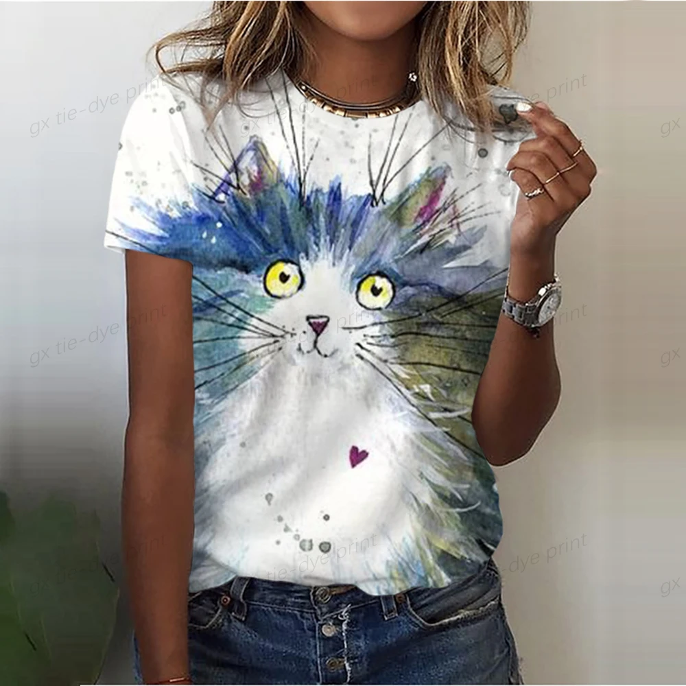 

Women's T-shirt Kawaii Cat Print 3D T Shirt Top Girls Y2k Clothing Summer Short Sleeve Tees O-neck Casual Holiday Female T-shirt