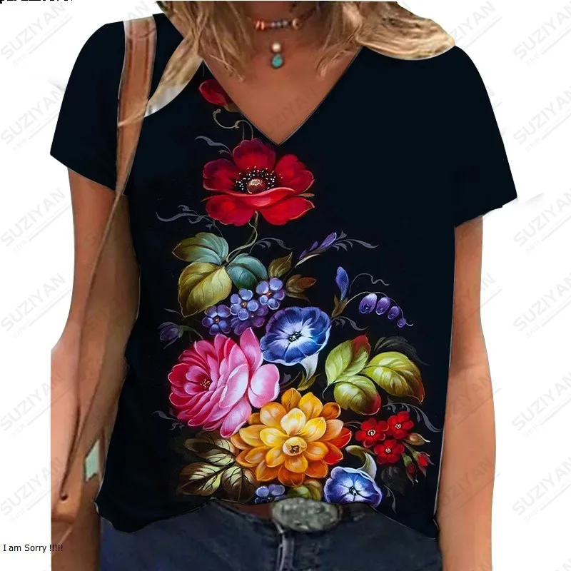 

Women's Short Sleeve V-Neck Casual Loose Large T-shirt 2023 Hot Selling Street Colorful Flower 3D Printing Short Sleeve T-shirt