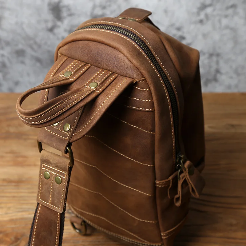 NZPJ Leather Men's Chest Bag Retro Top Layer Cowhide Single Shoulder Messenger Bag Casual Handmade Trend Small Shoulder Bag