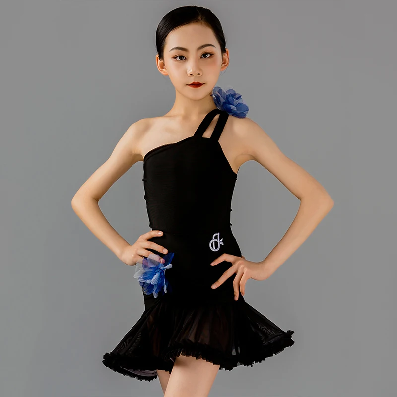

Girls Latin Dance Dress Summer Blue Flower Black Dress Kids Latin Dance Practice Clothes Cha Cha Rumba Performance Wear DNV20094