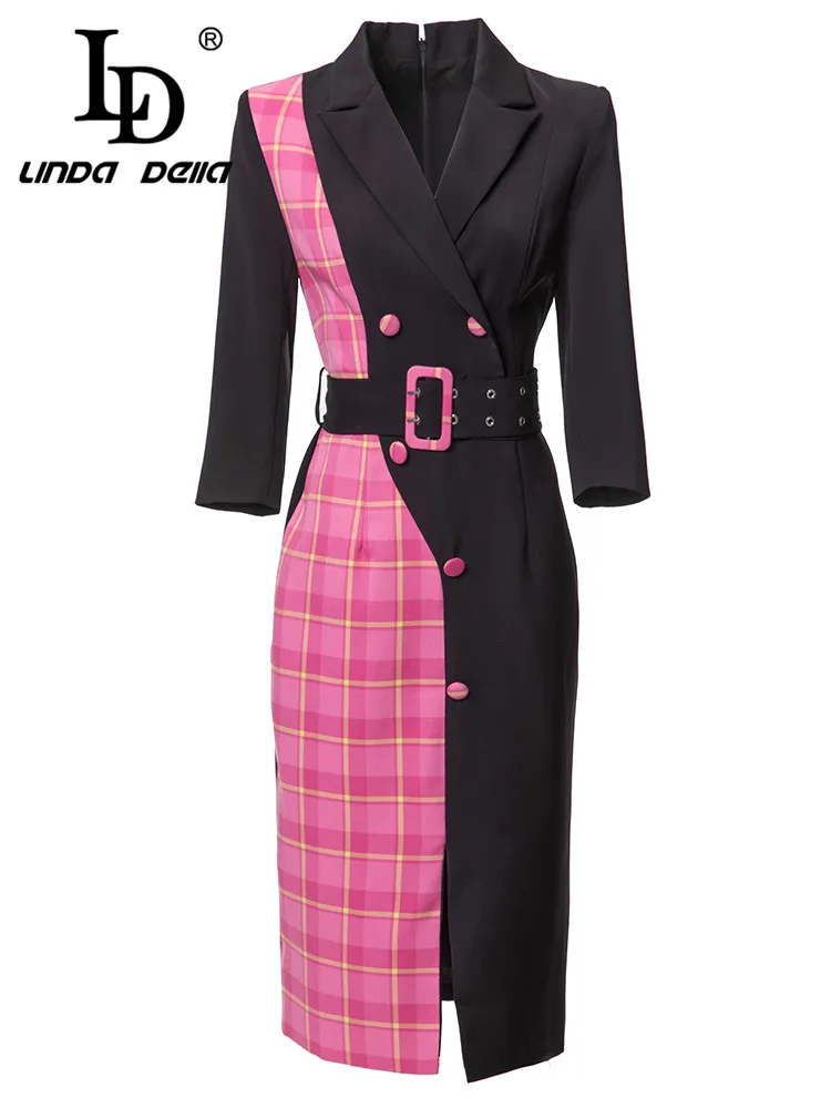 

LD LINDA DELLA Fashion Designer Summer Dress Women Patchwork Half Sleeve Black+pink Plaid print Belted Slim Midi Dress