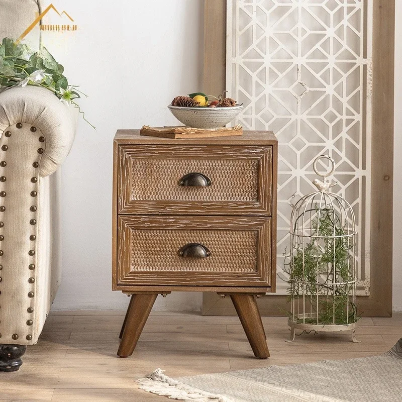 

Homestay minimalist retro American style bedside cabinet Solid wood double drawer storage cabinet Small unit storage cabinet Bed