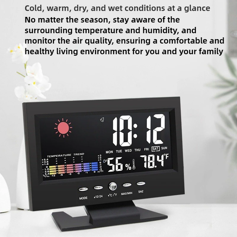 Electronic Alarm Clock Digital Alarm Clock Weather Station Time Temperature Humidity Display Clock with USB Cable Sound Control