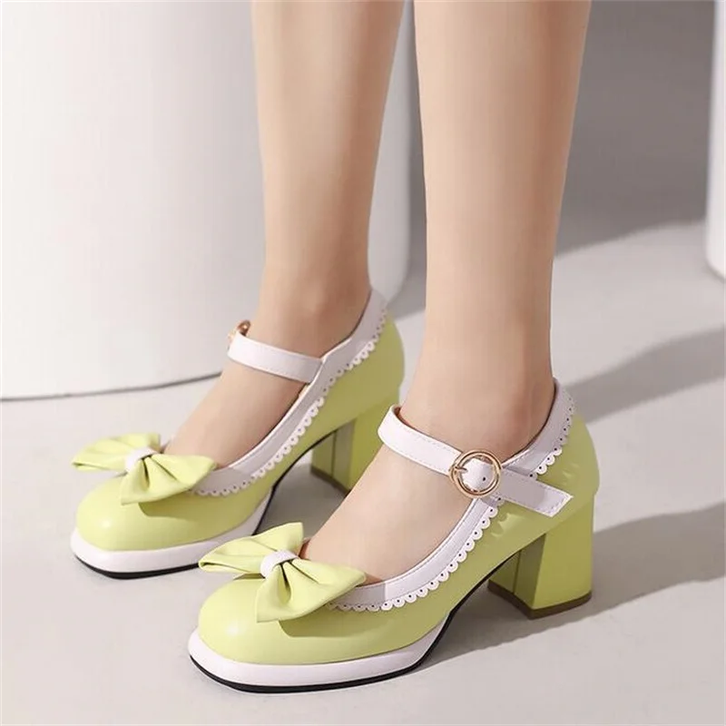 

Square Toe Elegant Mary Janes High Heels Women Pumps Bow Buckle Designer Shallow Office Lady Lolita Shoes zapatillas mujer