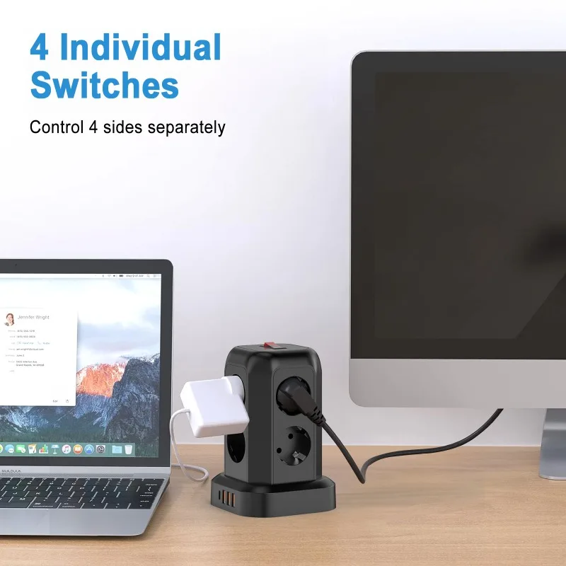 EU Plug Surge Protector Multi-Socket with 8 AC Outlets,3 USB and 1 Type C Ports，1.8M Extension Cable