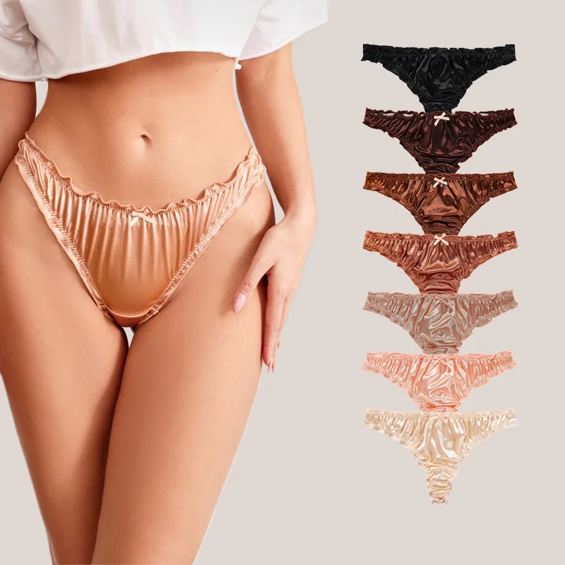 

Luxury Sexy French Ruffle Satin Female Briefs Low Waist Soft Cotton Crotch Breathable Seamless Women Fancy Micro Thong Panties