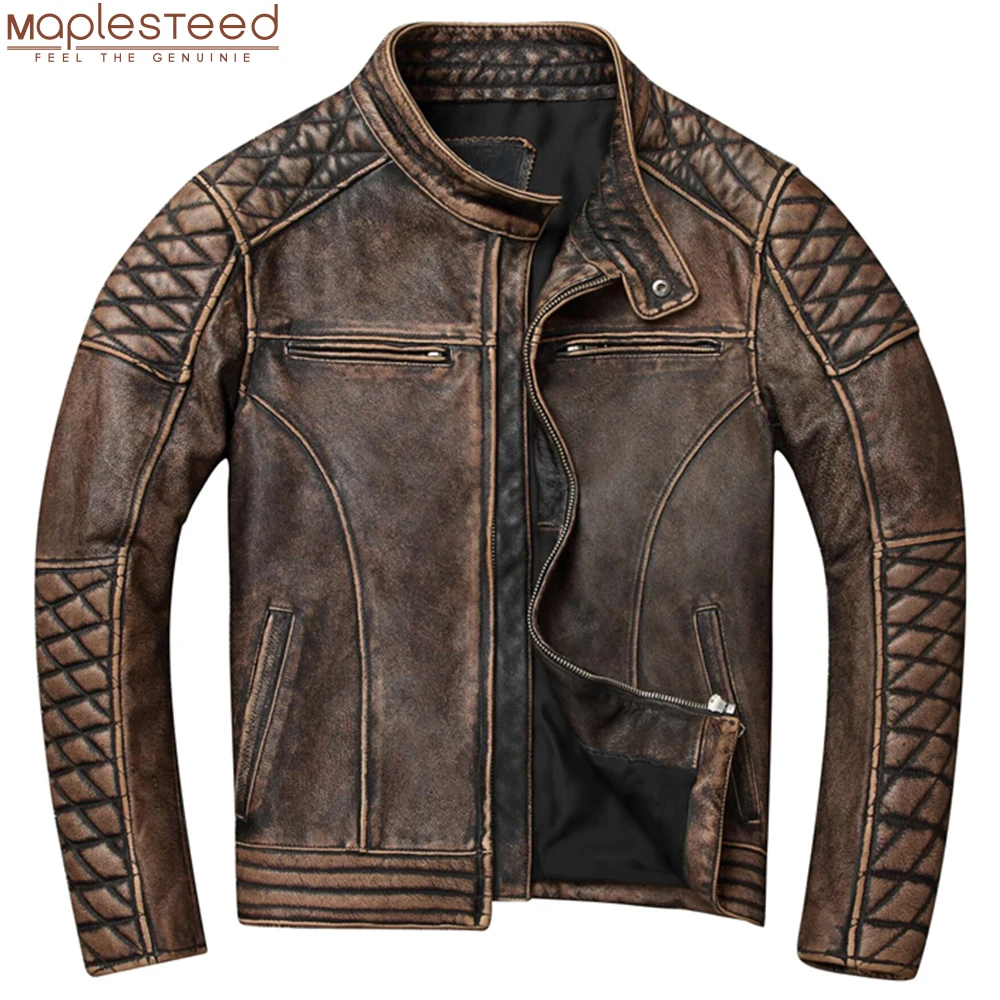 

Винтажная мужская кожаная куртка, толстая байкерская куртка из 100% натуральной воловьей кожи, облегающее мужское мотоциклетное пальто, осень, Азиатские размеры, модель M419