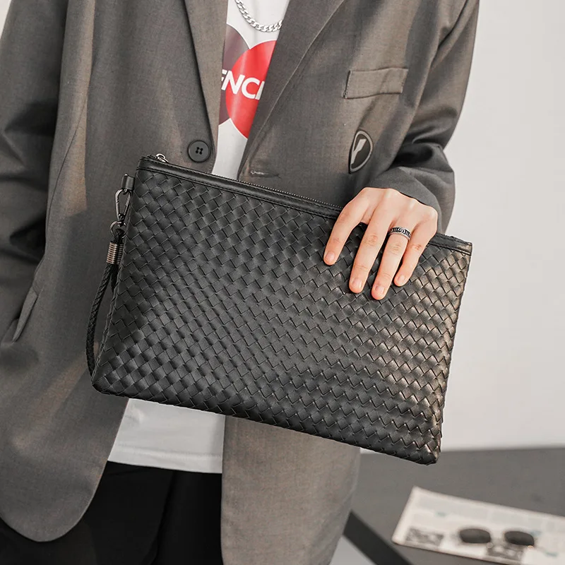 

New Hand-woven Leather Clutch Men Handbags Business Fashion Men Clutches Bag Hand Bag High Quality PU Clutch Bag Male Bolsos