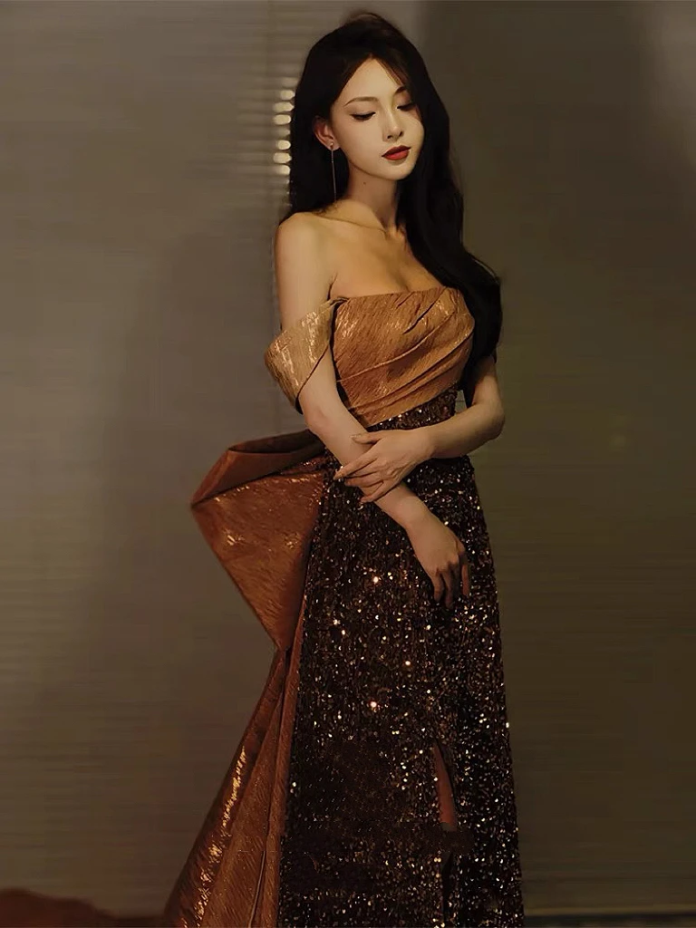 

Strapless Brown Evening Dress Detachable Bow Train Side Split Off the Shoulder Boat Neck Sequins Mermaid Lace-up Celebrity Gowns