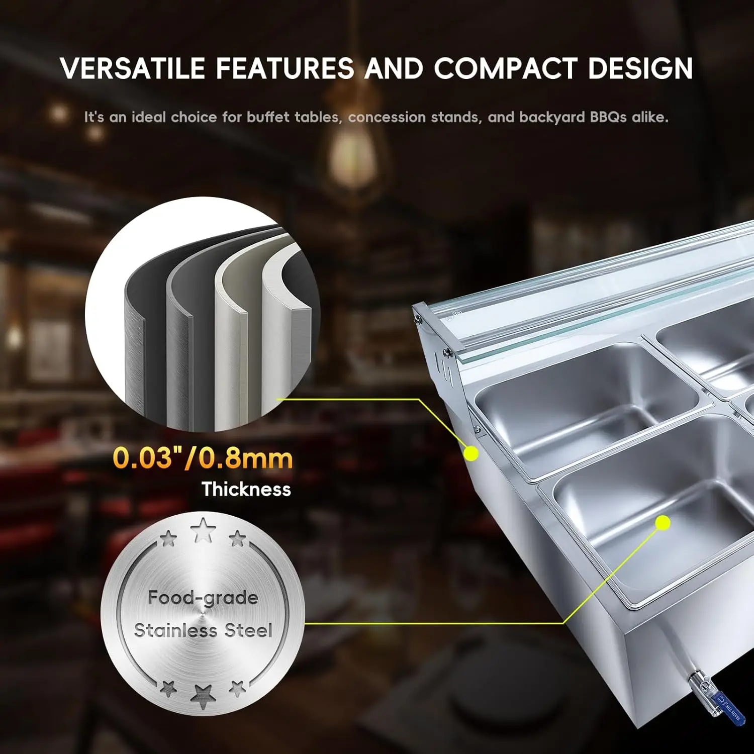 Commercial Food Warmer, 72 Qt Electric Bain Marie with 6" Deep Pans,Steam Table with Tempered Glass Cover, 1500W Countertop Stai 4