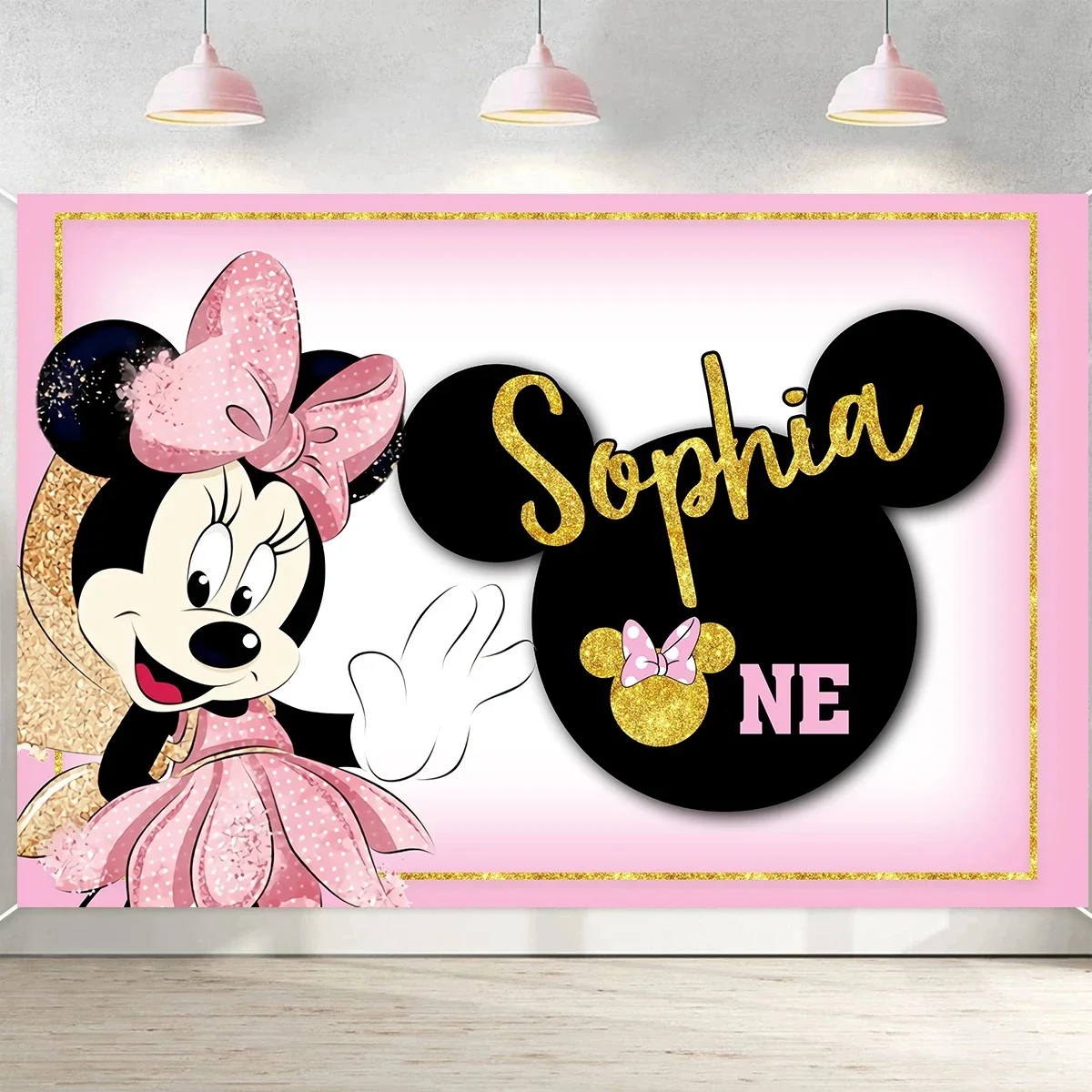 

Disney Custom Name Background Party Backdrops Pink Minnie Mouse First Birthday Decorations Children's Decoration Photo Backdrops