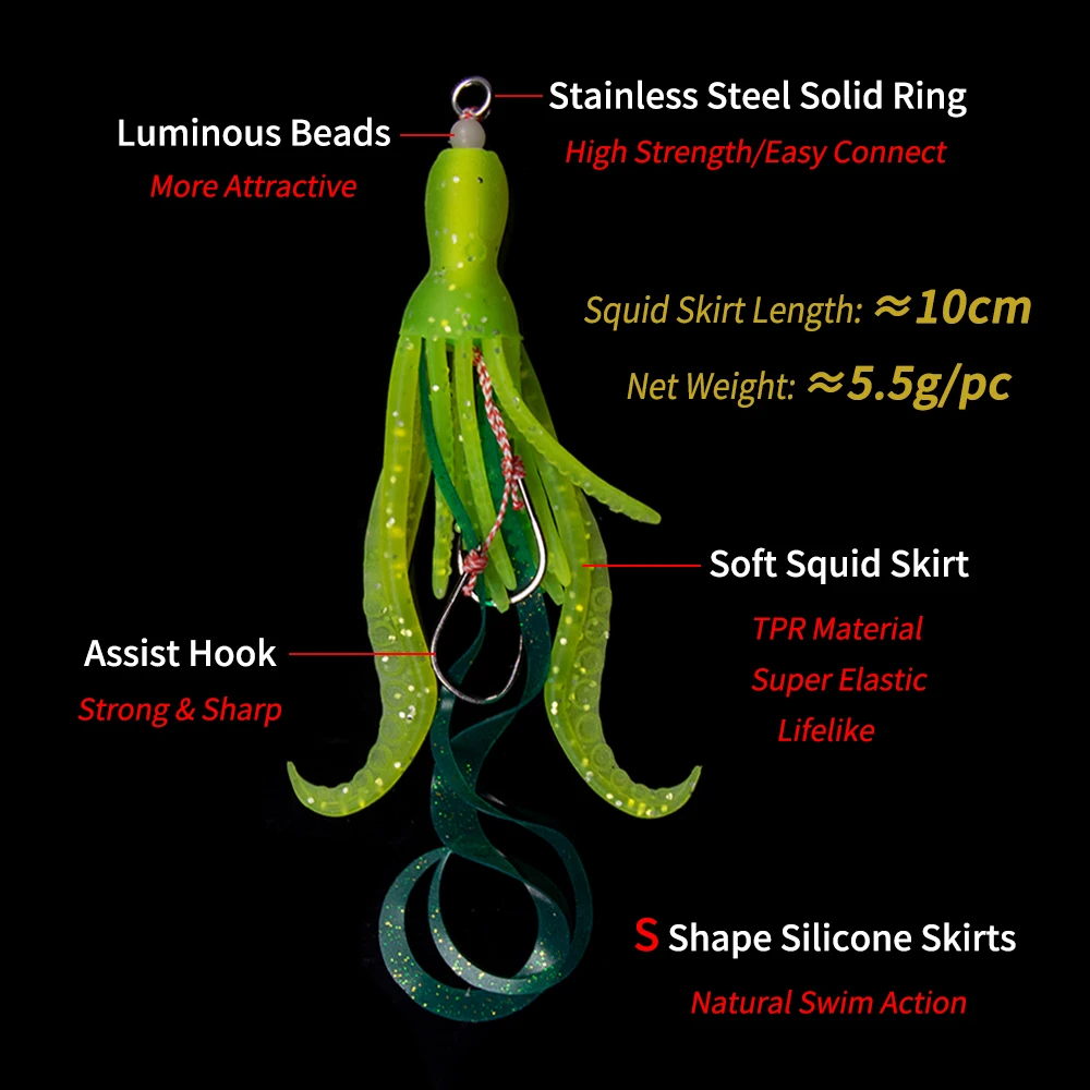 Elllv 10pcs Luminous Soft Squid Skirt with Assist Hook Saltwater Fishing  Snapper Kabura Pesca Wobbler Fishing Jigging Lure