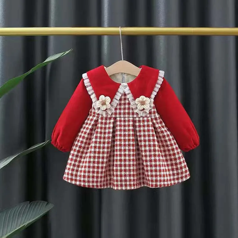 Herbst Winter Neugeborene Mädchen Kleidung Outfits Samt warme Schleife Plaid Kleid für Baby Mädchen Kleidung 1 Jahr Geburtstag Kleider Kleid