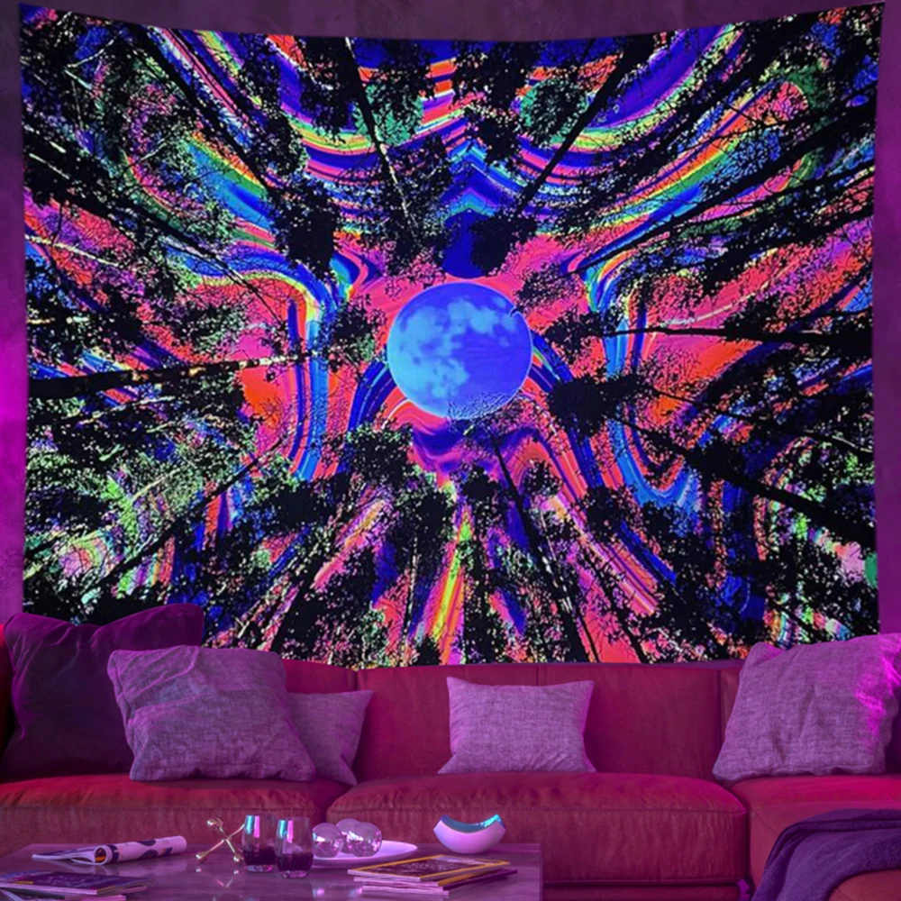 Mistério universo céu estrelado espaço uv reativo fluorescente tapeçaria tapeçaria pendurado trippy planeta preto luz tapeçarias para o quarto