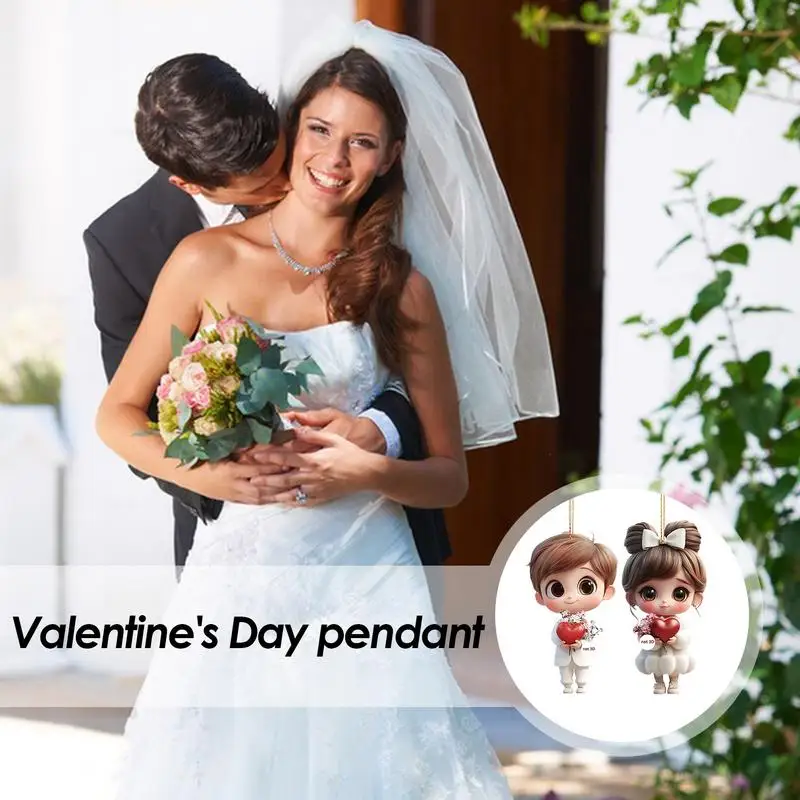 2pcs Cute Cartoon Acrylic Couples Car Decoration Accessories Romantic Figurines 2D Flat Marriage Keepsake Keychain Pendant 3