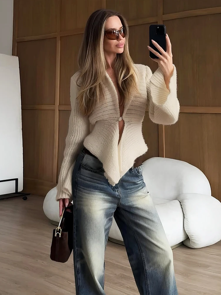 Nibber Autumn New Style Elegant Single Button Cardigan Sweater Coats Woman  Crochet Deep V-Neck Full Sleeve Office Style Jackets