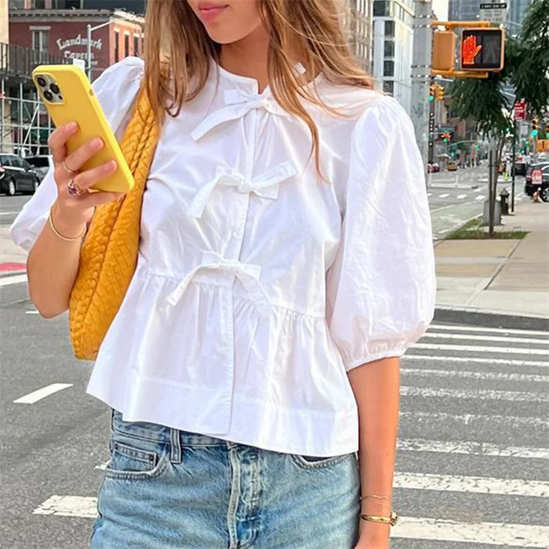 Camisas Y2K para mujer, ropa estética, elegante, color sólido/rayas, manga 3/4, cárdigan con lazo, blusa de los años 2000, ropa de calle