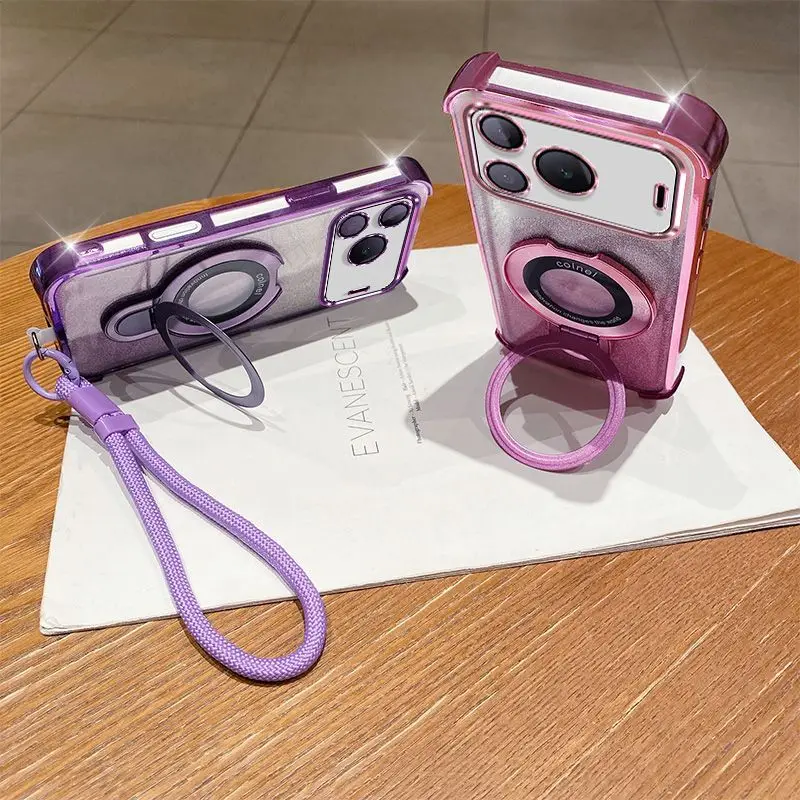 Gradient Glitter Electroplated Phone Case with Holder & Hand Strap