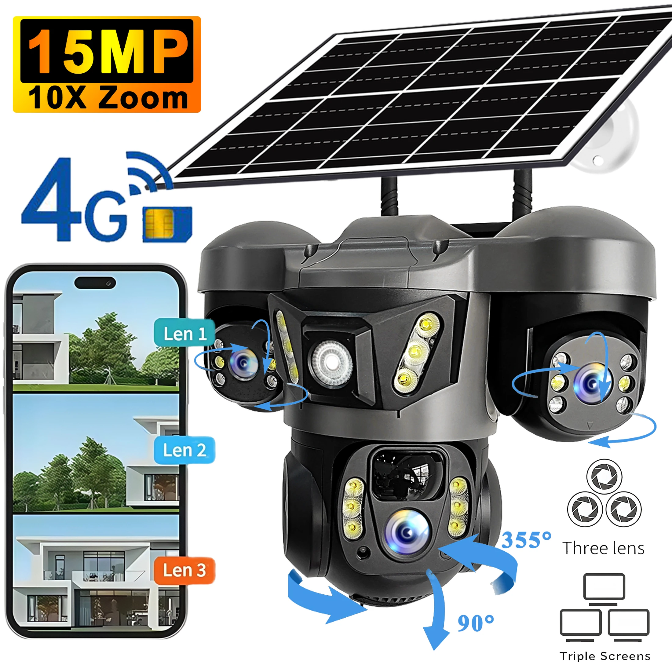 V380 Pro 15MP Solar Camera Three Lens Audio Outdoor IP66 Waterproof Built-in Battery Security CCTV HD 4G SIM Card Network Camera 1