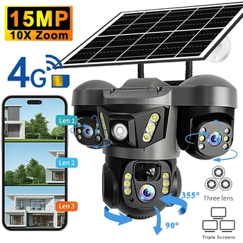 V380 Pro 15MP Solar Camera Three Lens Audio Outdoor IP66 Waterproof Built-in Battery Security CCTV HD 4G SIM Card Network Camera 1