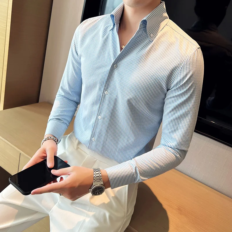 Men Casual Shirts Long Sleeve Blouse Mens Slim Fit Shirts Social Korean Stylish Blue Plaid No Iron Mens Camisa Masculina 2024