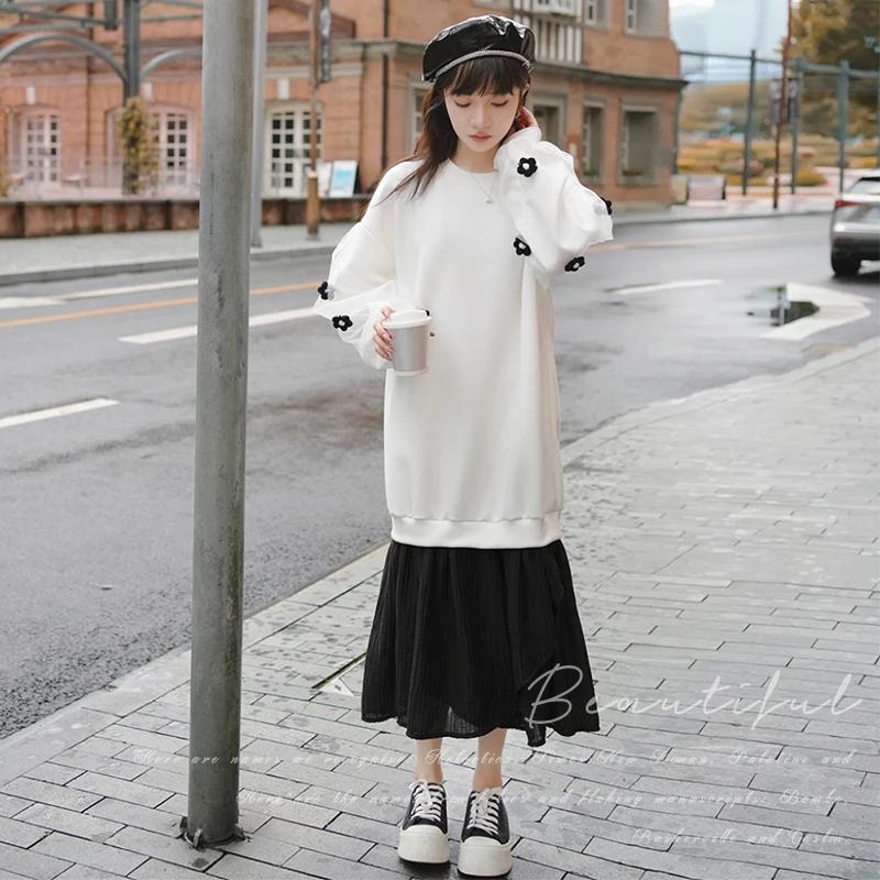 

Flower Meah Spliced Long Sleeve O-neck Loose Hoodies Dress for Women 2023 Autumn Winter Elegant Sweet Korean Maxi Dresses 1010