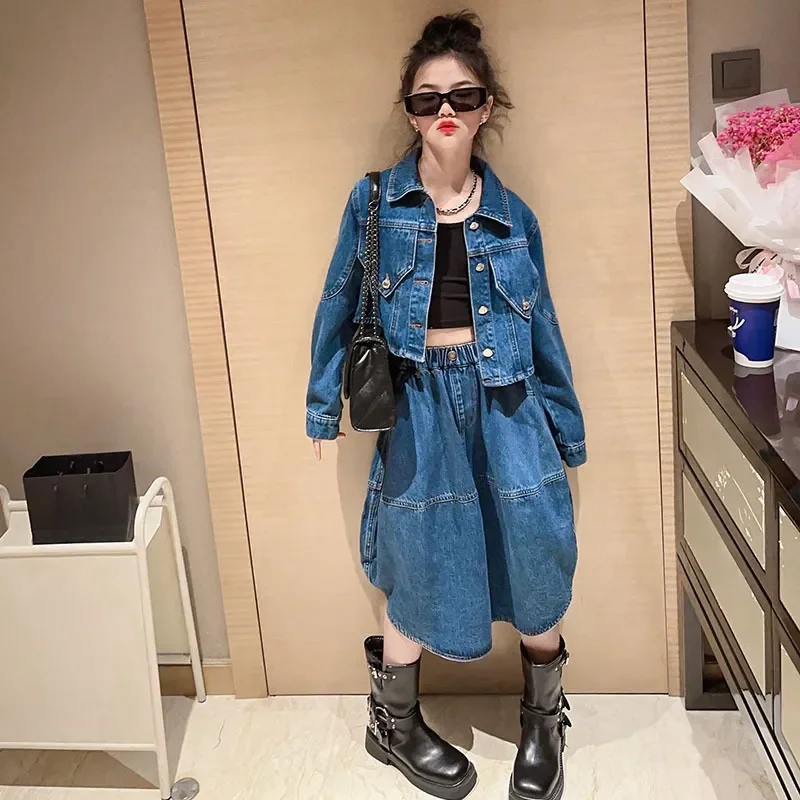 

Girls Denim Set autumn Fashion retro Jacket coat skirts 2 piece teen Kids Outfits Blue Casual Children's Costume 12 13 14 Years