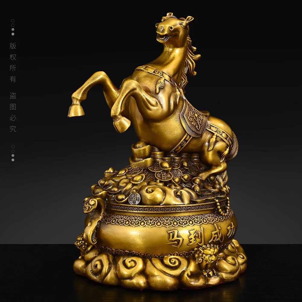 Lucky Brass Horse Statue on Treasure Basin - Chinese Money Horse Figurine for Success, Wealth & Good Fortune, Office Desk Decor