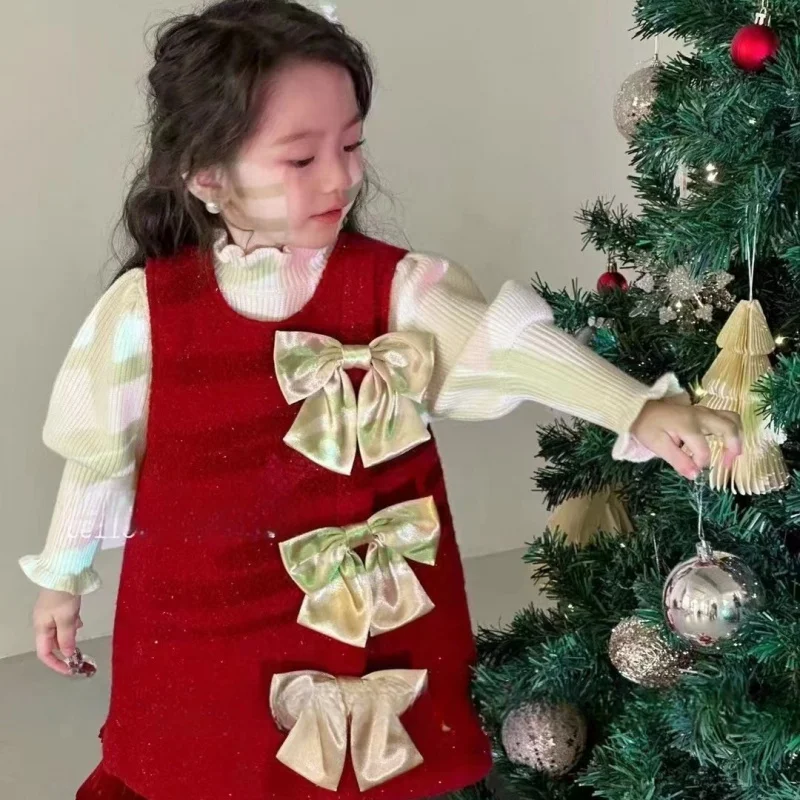 

[Festive] Girls' Christmas and New Year Dress Quilted Western Style Vest Dress Autumn and Winter Dress New Year Clothes