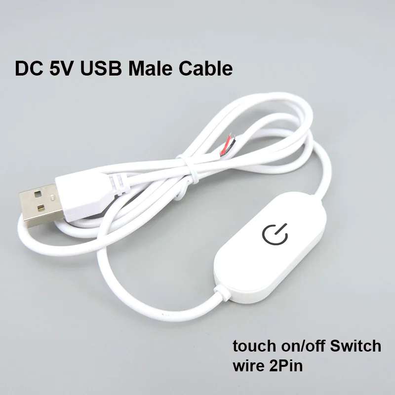 DC-5V-USB-Male-Cable-single-color-touch-on-off-Switch-wire-2Pin-Power ...