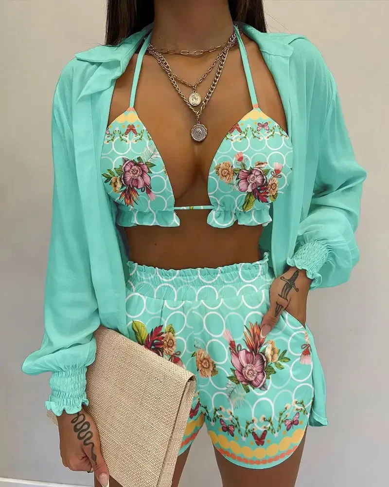 3 Piece Set Outfits Women Sexy Beach Style New Summer Printed Suspender Shirt Shorts Suit Swimsuit Holiday Female Swimwear S-3XL