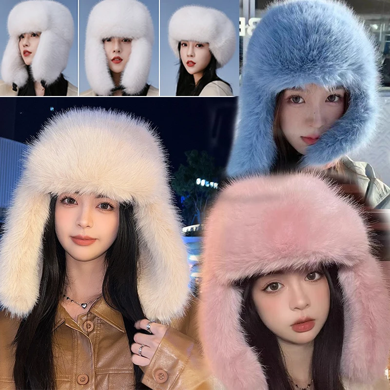 Winter Plush Faux Fur Hat for Women Thick Fluffy Ear Protection Cap Windproof Warm Headgear Bomber Hat Female Panama Russian Cap 6