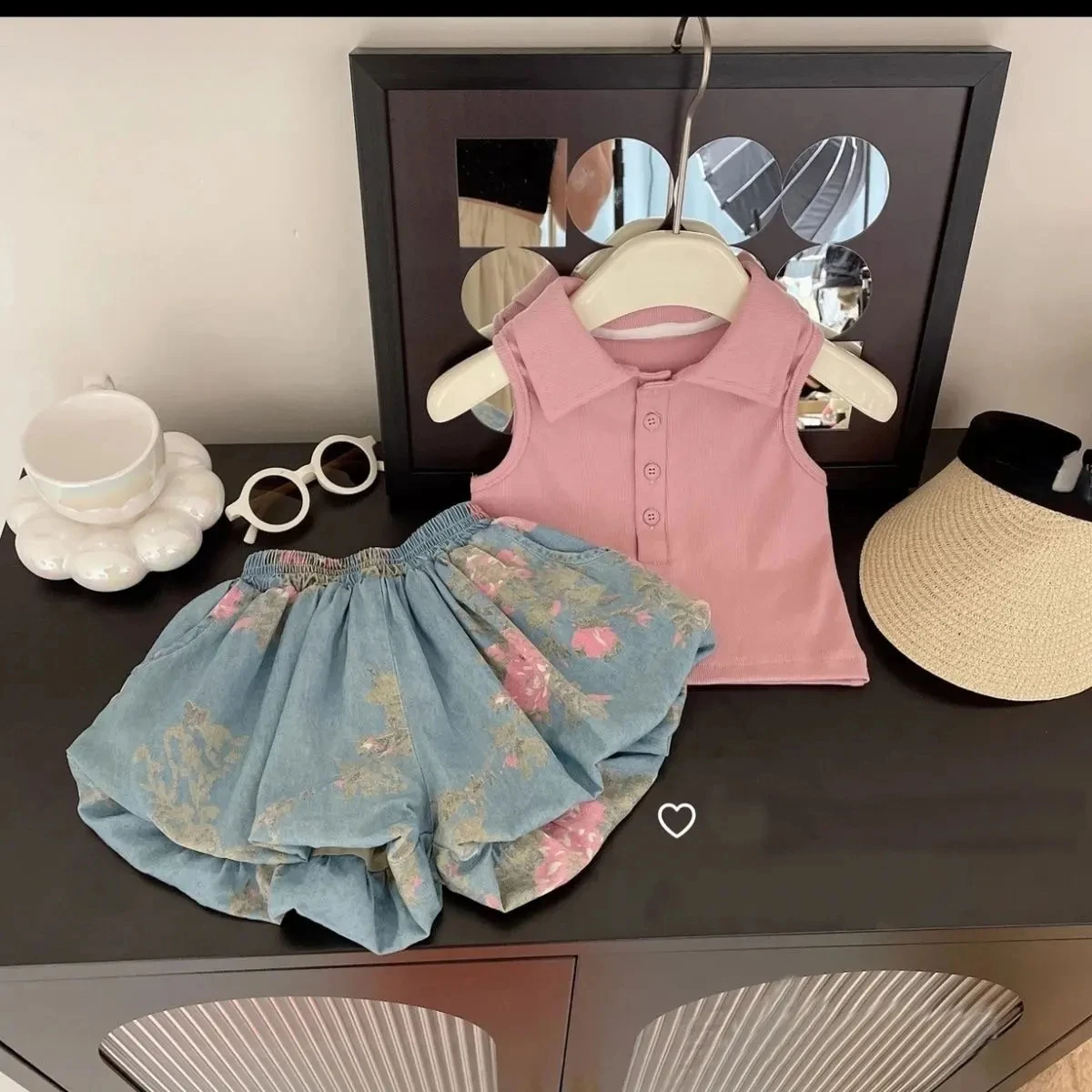 

Baby Girls Clothes Sets 2023 New Sweet Kids Set Solid Sleeveless Lapel Shirts Floral Print Shorts 2pcs Suit Outfits