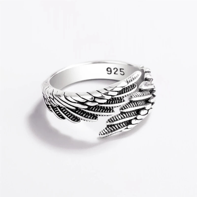 Sole Memory Vintage Thai Silver Feather Wings Silver Color Female Resizable Opening Rings SRI1010