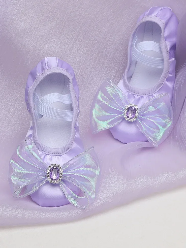 New Ballet Flats Children's Dance Shoes Soft-Soled for Girl Satin Cat Caws Free Lace-up Rabbit Stage Performance Dance Shoes 5